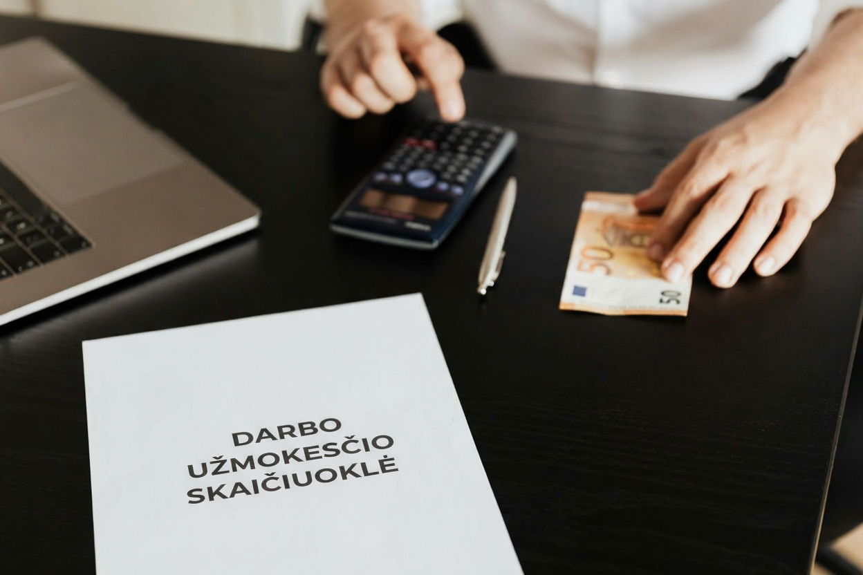 moteris skaiciuoja pinigus kalkuliatorius tusinukas darbo uzmokescio skaiciuokle