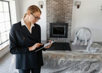 Moteris juodu kostiumo švarkeliu naudojanti skaitmeninę planšetę nekilnojamasis turtas namas